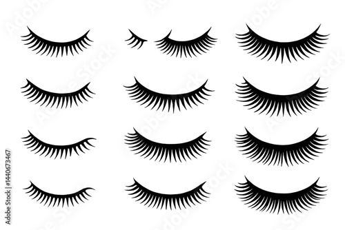 Different styles of false eyelashes arranged in a creative fashion design layout for beauty applications and inspiration