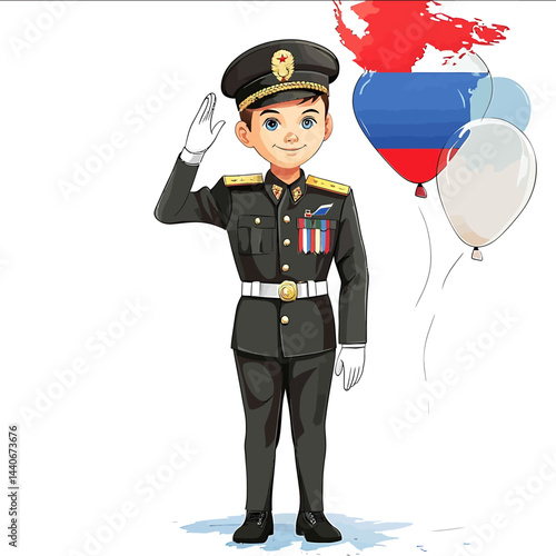 Cartoonstyle vector illustration depicting a boy cadet standing fulllength and saluting with his right hand on a tattered white blue red Russian flag background creates a patriotic a