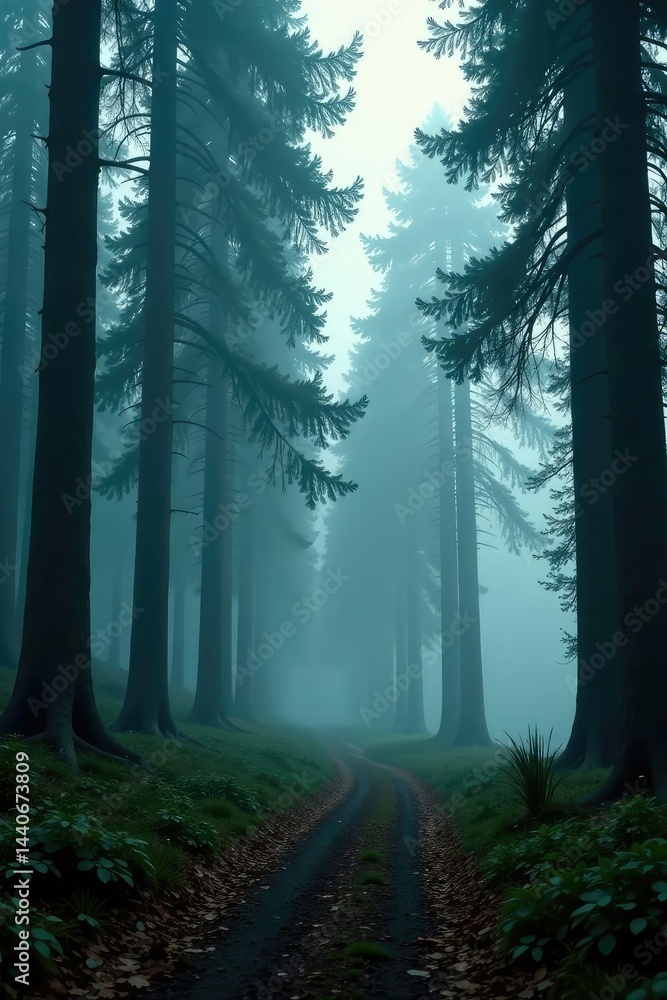 Fototapeta premium Silent forest with tall trees and a misty atmosphere, natural scenery, mist, eerie