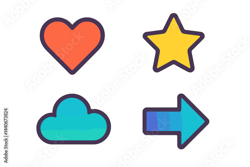 Colorful geometric shapes with a heart, star, cloud, and arrow design in a simple layout