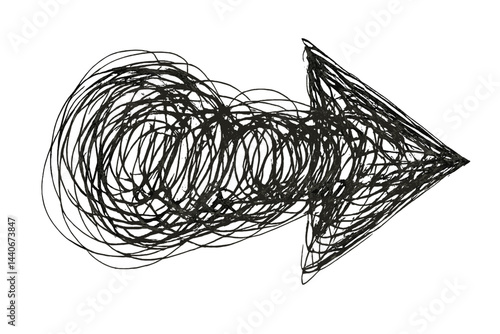 Abstract arrow design created with swirling lines on a white background, visually guiding the viewer towards the right