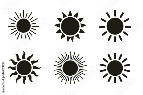 Various black sun icons showcasing different styles and designs in a clean, minimalist layout suitable for graphic use