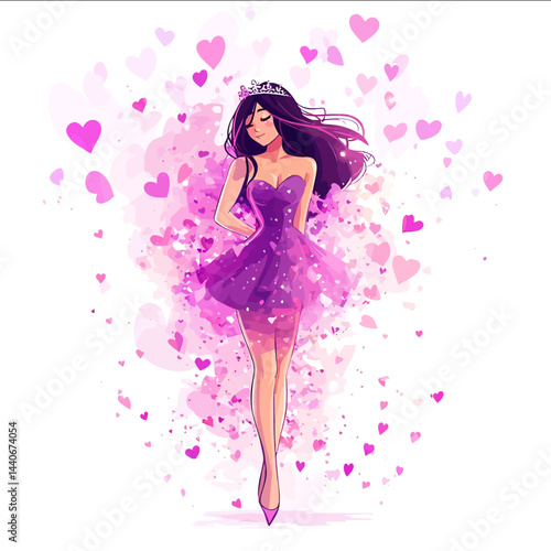 Vector illustration of a beautiful cute girl dressed in a modern stylish dress she wears a beautiful tiara the girl stands proudly and stylishly exuding confidence and charisma the i