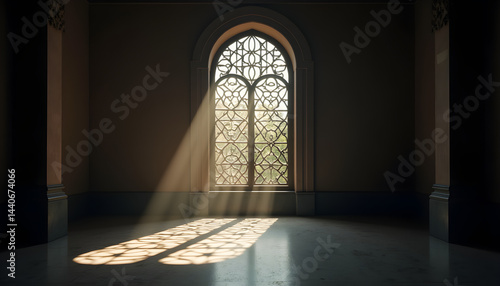 A large arched window in a dark room with light coming through it.