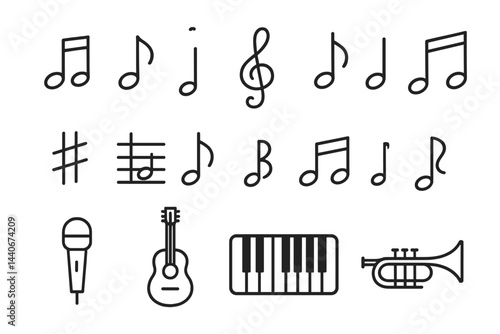 Collection of musical symbols and instruments showcased in an artistic style for educational purposes