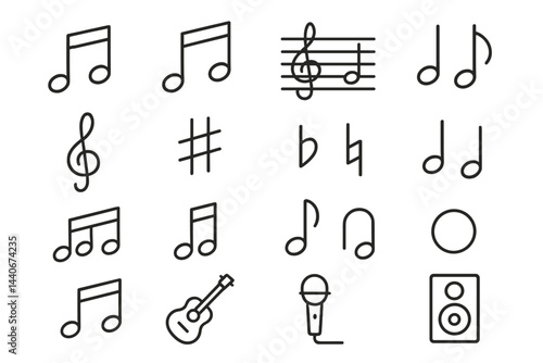 Collection of musical icons including notes, instruments, and sound elements in black and white design for creative projects