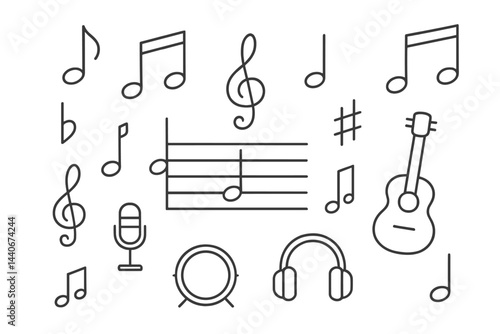 Musical elements including notes, instruments, and symbols surrounding a staff