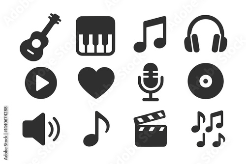 Music icons and symbols representing various aspects of audio entertainment and musical expression