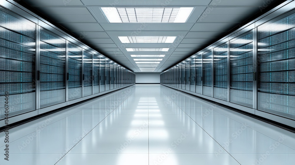 Modern data center corridor with rows of servers and bright overhead lighting reflecting on tiles Modern data center corridor with rows of servers and bright overhead lighting reflecting on tiles