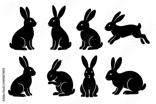 Silhouettes of rabbits in various poses showcasing natural movements and activities in a simple and artistic style
