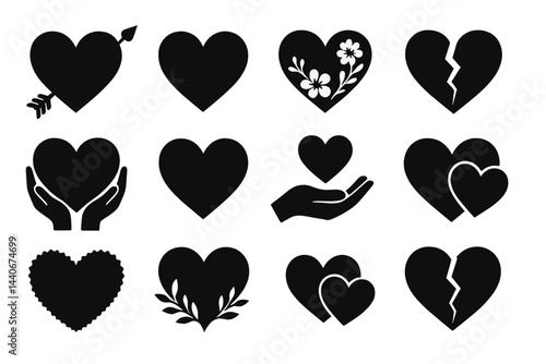 Collection of heart symbols representing love, heartbreak, and emotions in a minimalist design