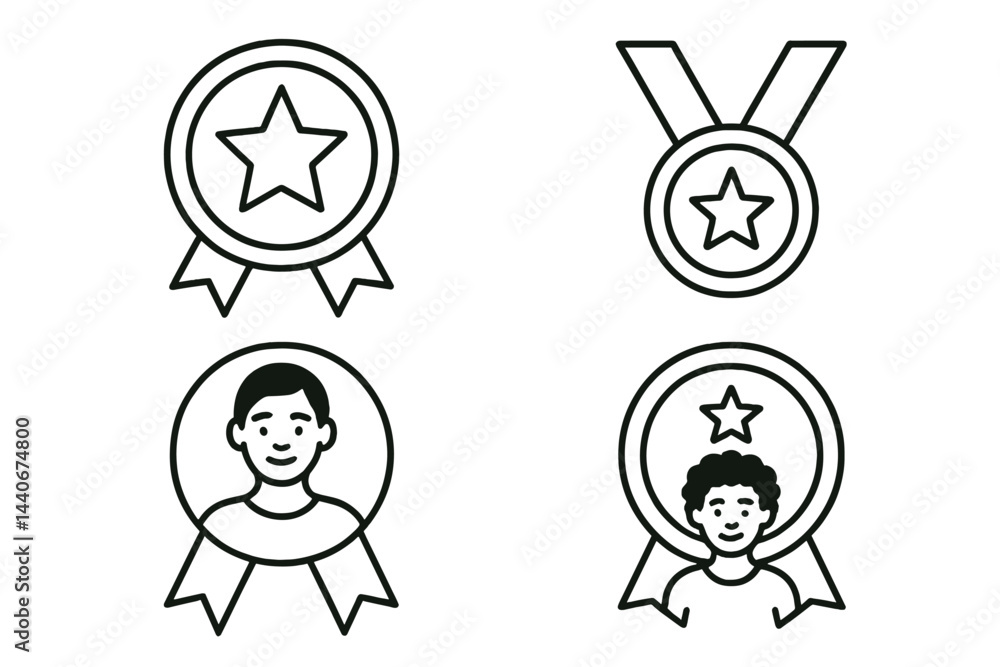Award icons representing achievements and recognition illustrated in a simple, minimalist style Award icons representing achievements and recognition illustrated in a simple, minimalist style