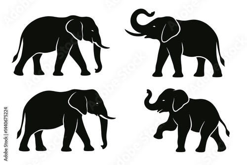 Silhouette collection of elephants in various poses and movements at a wildlife sanctuary during daylight