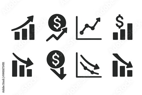 Trends in financial growth and decline illustrated through various chart symbols in black and white