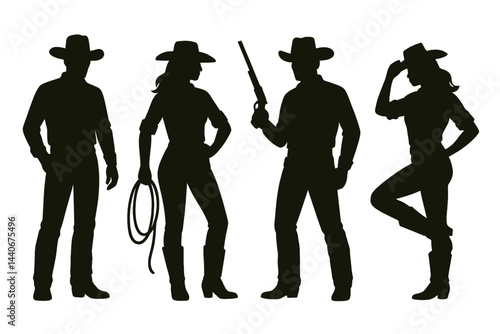 Silhouettes of cowboys and cowgirls showcasing Western attire and activities in a rustic setting