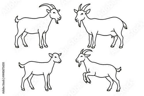 Various illustrations of goats in simple line art style showcasing different postures and characteristics