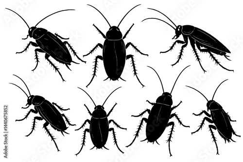 Various depictions of cockroaches in contrasting poses and angles against a plain background