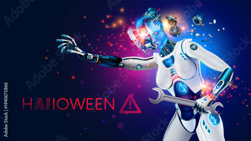 A scary AI cyborg robot with artificial intelligence has turned into a zombie and is attacking with a wrench. The zombie creepy humanoid robot broke down and attacked the owner. Halloween party poster