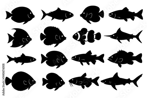 Various silhouettes of marine fish arranged in a creative pattern for educational or decorative purposes