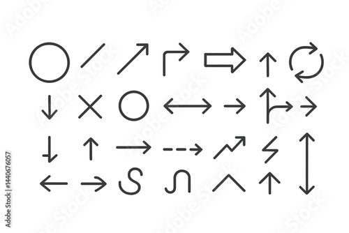 Vector symbols depicting various directional arrows and shapes used for graphic design and user interface elements