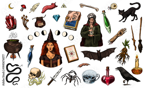 Big collection of wizardry elements for magic rituals or tarot deck, book, cat hand Witch with stone of prediction. Halloween witchcraft and sorcery things magician and voodoo hand drawn engraved 