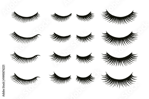 Various styles of false eyelashes arranged artistically on a white background showcasing different designs and voluminous looks