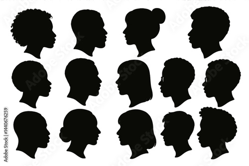 Diverse silhouettes of individuals showcasing different hairstyles and profiles in a creative arrangement