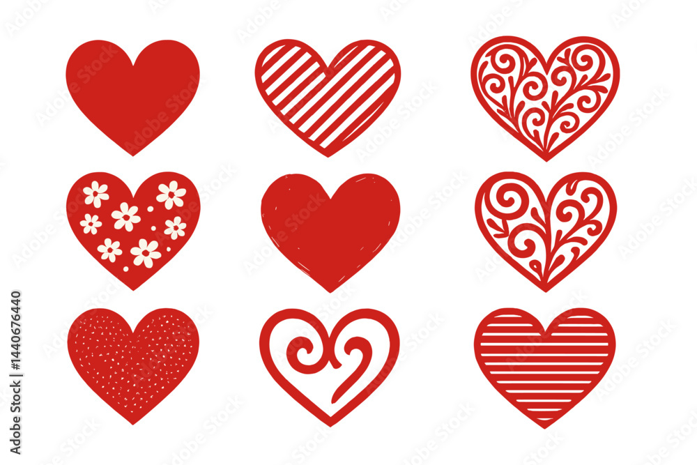 Collection of various decorative heart designs in vibrant red showcasing different patterns and styles Collection of various decorative heart designs in vibrant red showcasing different patterns and styles