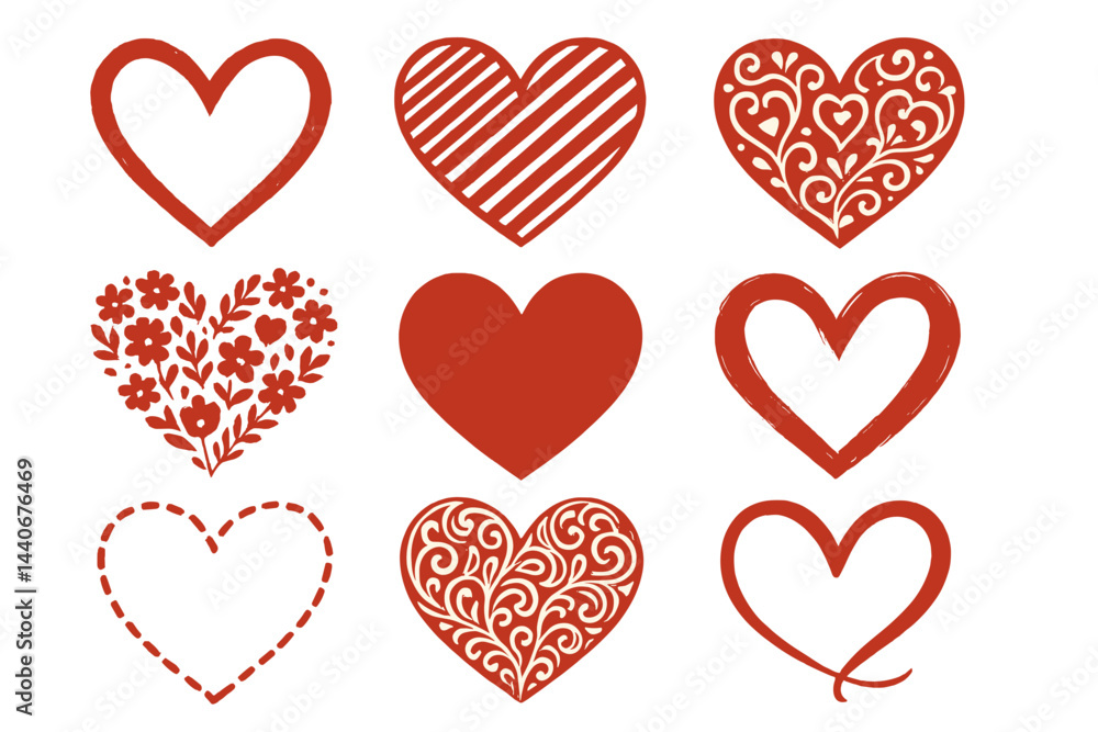 Variety of heart-shaped designs showcasing different patterns and styles perfect for decoration or art projects Variety of heart-shaped designs showcasing different patterns and styles perfect for decoration or art projects