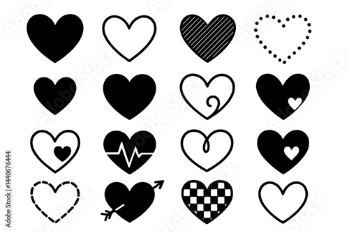 Variety of heart shapes in black and white illustrating different designs and patterns created for graphic use