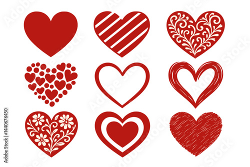 Various red heart designs displayed in a grid pattern for decoration or artistic inspiration