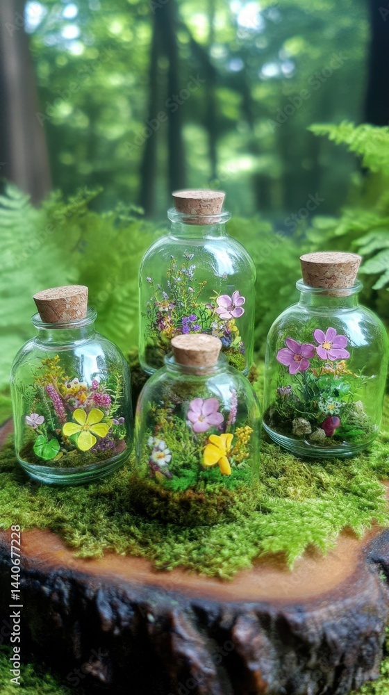 Enchanted miniature garden in glass bottles with cork stoppers on mossy wood slice in forest setting capturing whimsical botanical art and natural light with a soft focus Enchanted miniature garden in glass bottles with cork stoppers on mossy wood slice in forest setting capturing whimsical botanical art and natural light with a soft focus