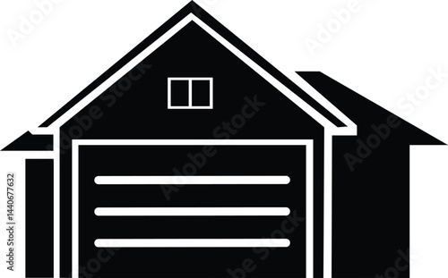 A minimalist black silhouette of a house with a garage in white background