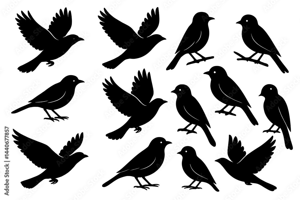 Various silhouettes showcasing different bird species in flight and perched positions in black against a white background Various silhouettes showcasing different bird species in flight and perched positions in black against a white background