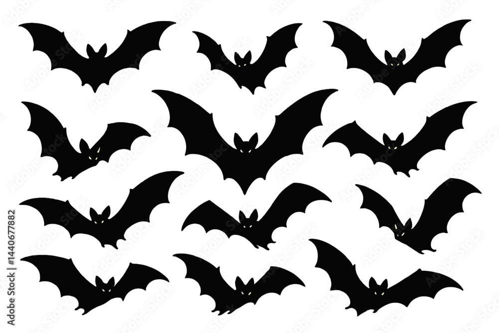 Fototapeta premium Bats in various poses flying against a plain background, creating a dynamic pattern perfect for Halloween decorations