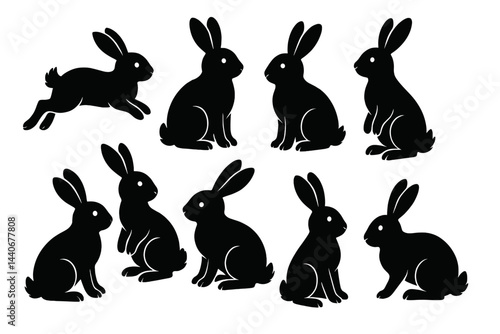 Silhouettes of rabbits in various poses showcasing their playful and calm nature in a simple graphic design