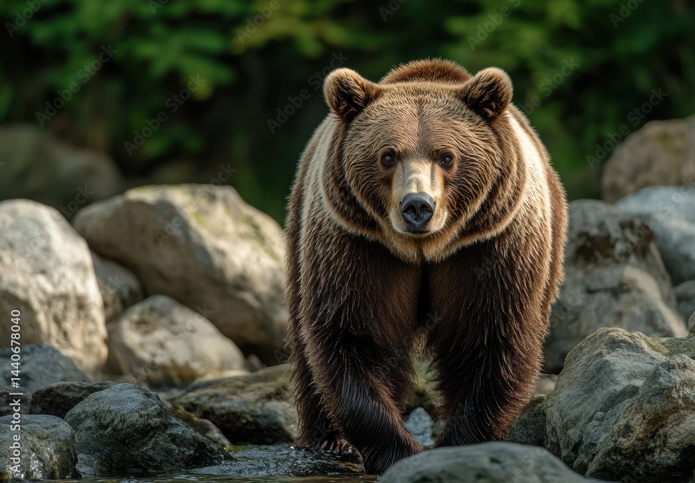Fototapeta premium Majestic Brown Bear Walking Over Rocky Terrain by Peaceful Water Stream in Natural Forest Habitat Surrounded by Lush Greenery and Vibrant Flora
