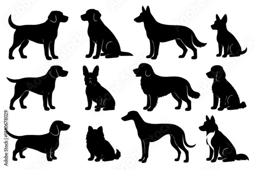 Different dog silhouettes showcasing various breeds and postures in a creative arrangement on a white background
