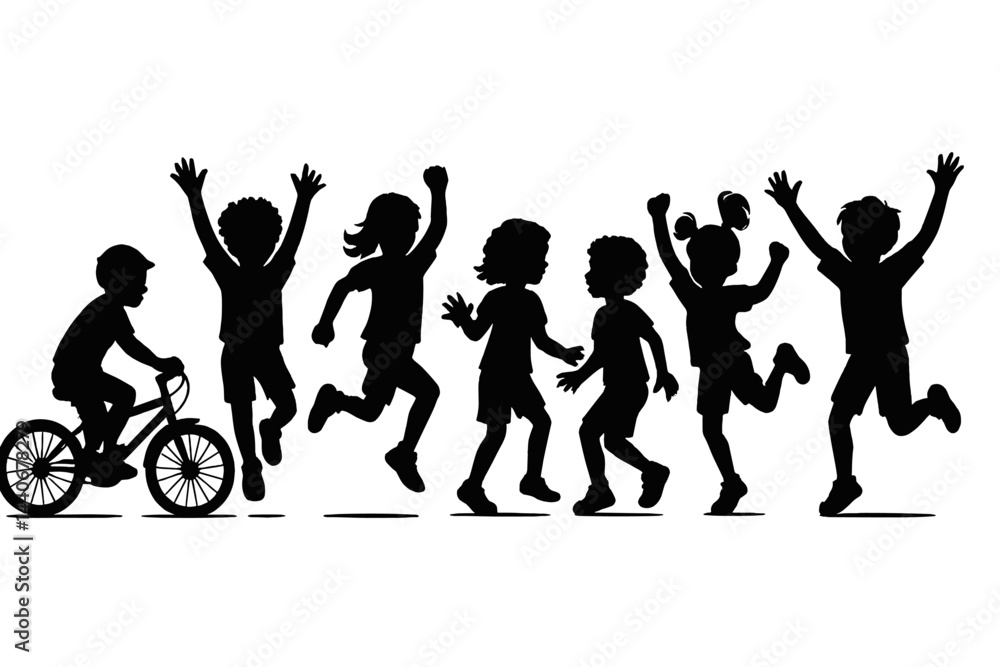 Obraz premium Children celebrating joyfully outdoors while a child bikes nearby in a lively summer setting