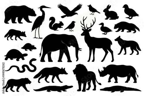 Silhouettes of various animals including bear, elephant, and deer positioned against a white background