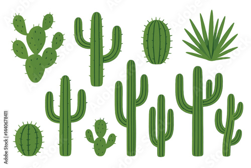 Cacti collection showcasing various types and shapes in a desert setting with vibrant green colors