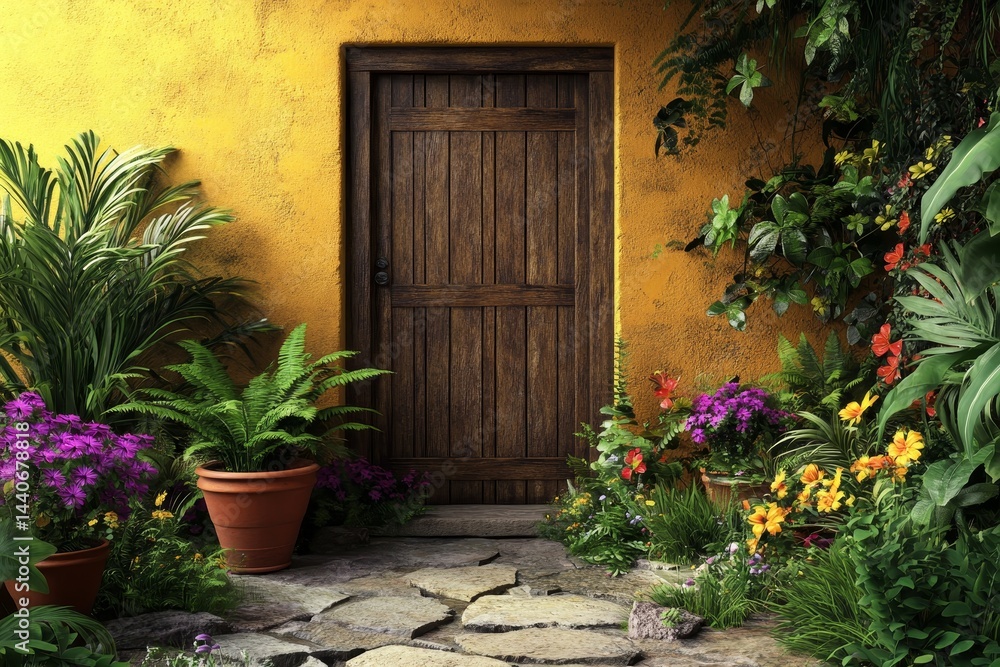 Fototapeta premium Rustic entranceway with vibrant tropical plants and flowers.