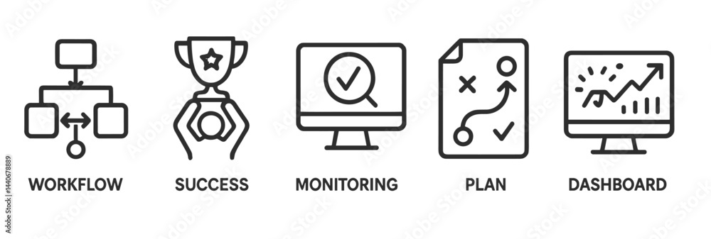 Icons representing workflow, success, monitoring, planning, and dashboard in a business context Icons representing workflow, success, monitoring, planning, and dashboard in a business context