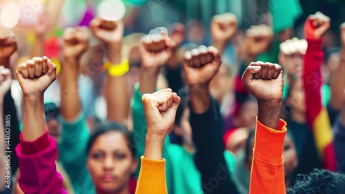 Diverse group of people raising their fists in solidarity during a peaceful protest in an urban setting, advocating for social justice and equality in the early evening sunlight