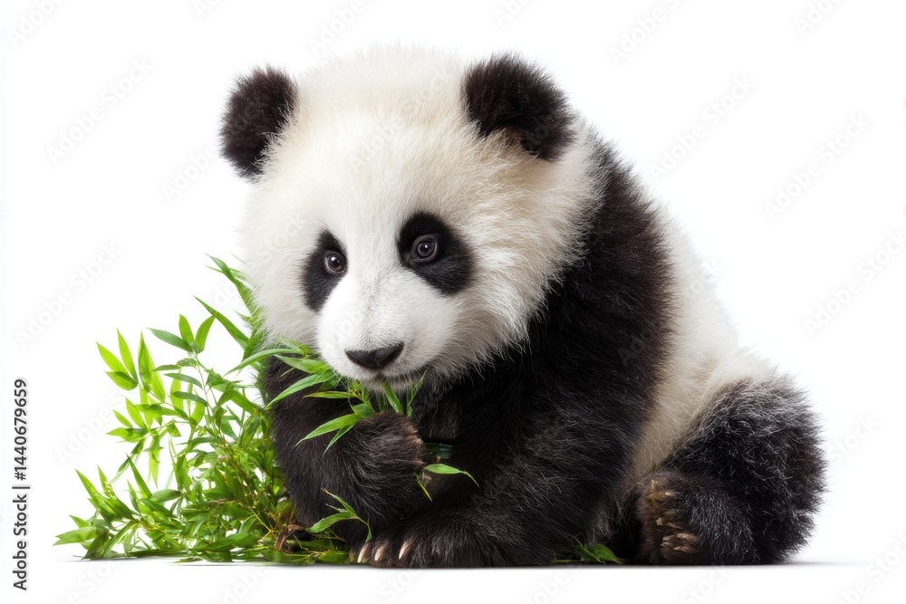 Naklejka premium Fluffy panda enjoying bamboo surrounded by greenery in an isolated setting