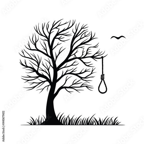 
Dead Tree Silhouette with Hanging Noose and Bird – Black Vector Illustration for Halloween, Death, and Dark Themes
