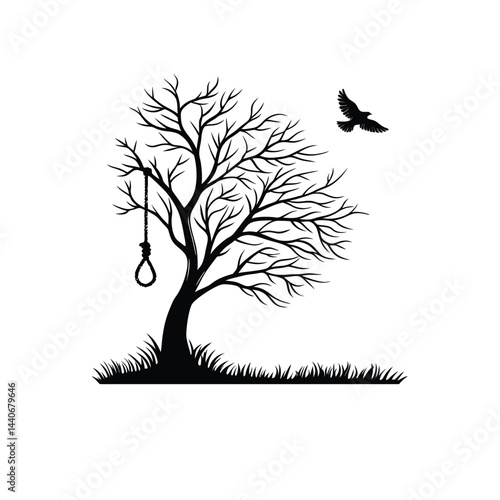 
Dead Tree Silhouette with Hanging Noose and Bird – Black Vector Illustration for Halloween, Death, and Dark Themes

