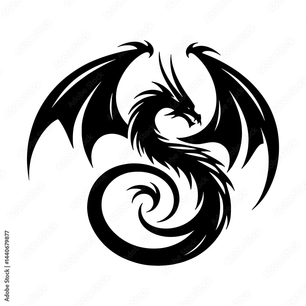Naklejka premium Coiled Tribal Dragon Silhouette with Spread Wings