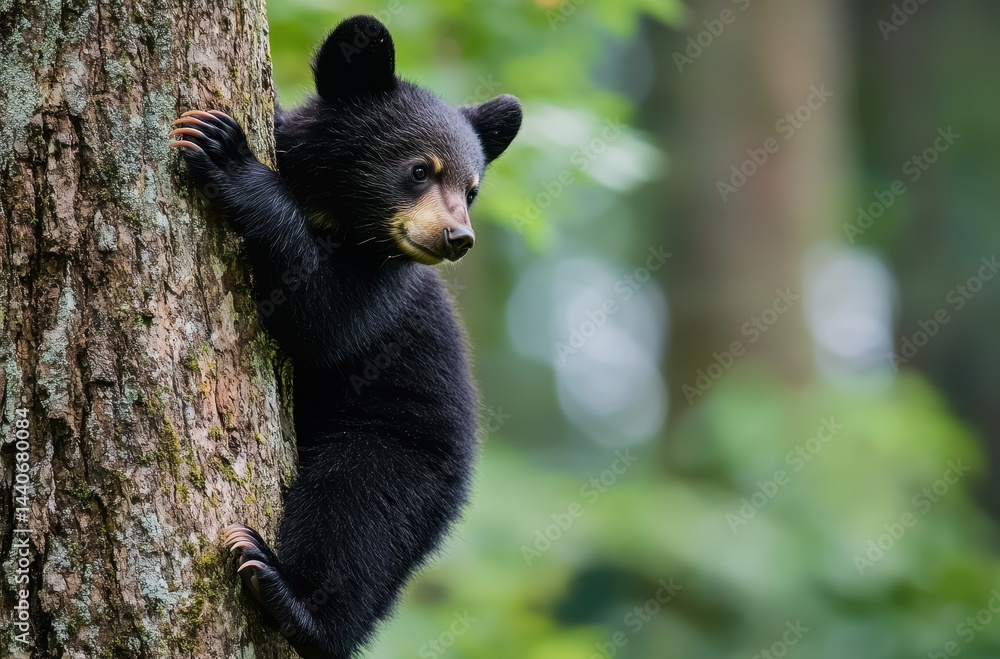 Obraz premium Playful Black Bear Cub Climbing a Tree in a Lush Green Forest Setting, Showcasing Wildlife and Nature in a Serene Environment