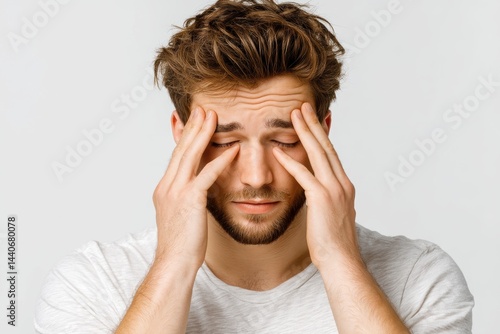 Freelancer experiencing burnout and fatigue while rubbing eyes against a plain white background